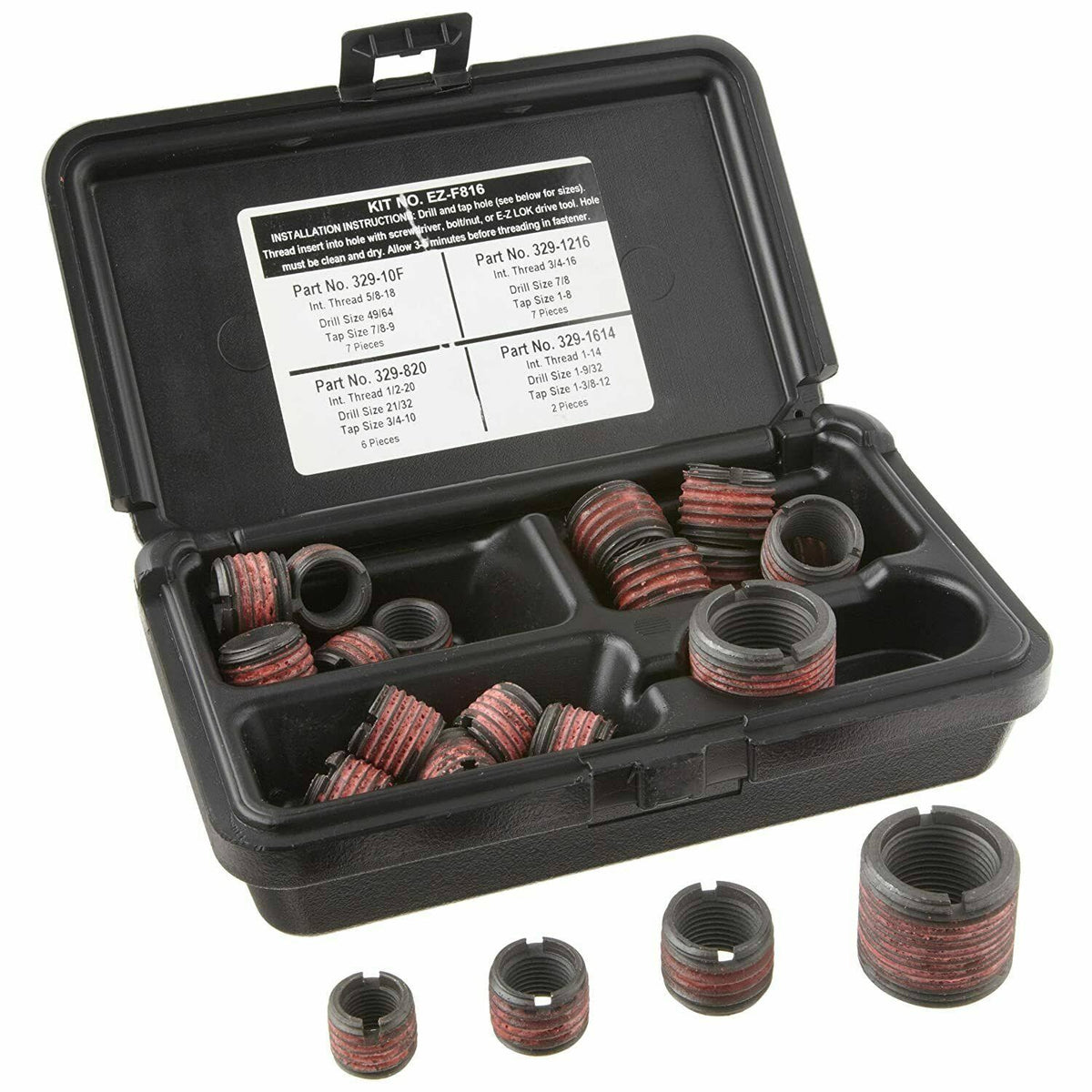 Threaded Inserts Assortment Kit, Carbon Steel, Heavy Wall, UNF Internal Threads, 22 Pieces B623288