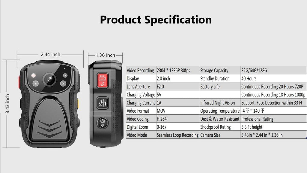 Body Camera with Audio, 2 Inch Display, Night Vision, Waterproof, Shockproof M21827