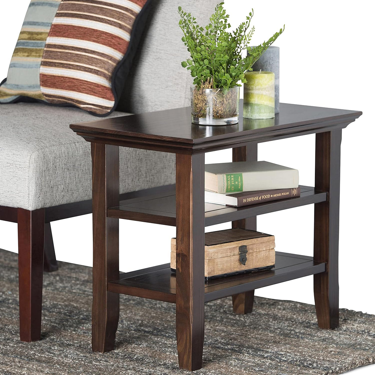 Black Solid Wood Narrow Side Table with 2 Shelves S89199