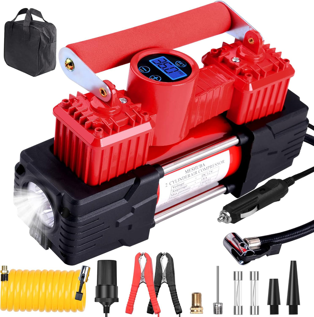 Red Double Cylinder Portable Air Compressor Tire Inflator with Digital Gauge, 12V DC, Pack of 2 S47381