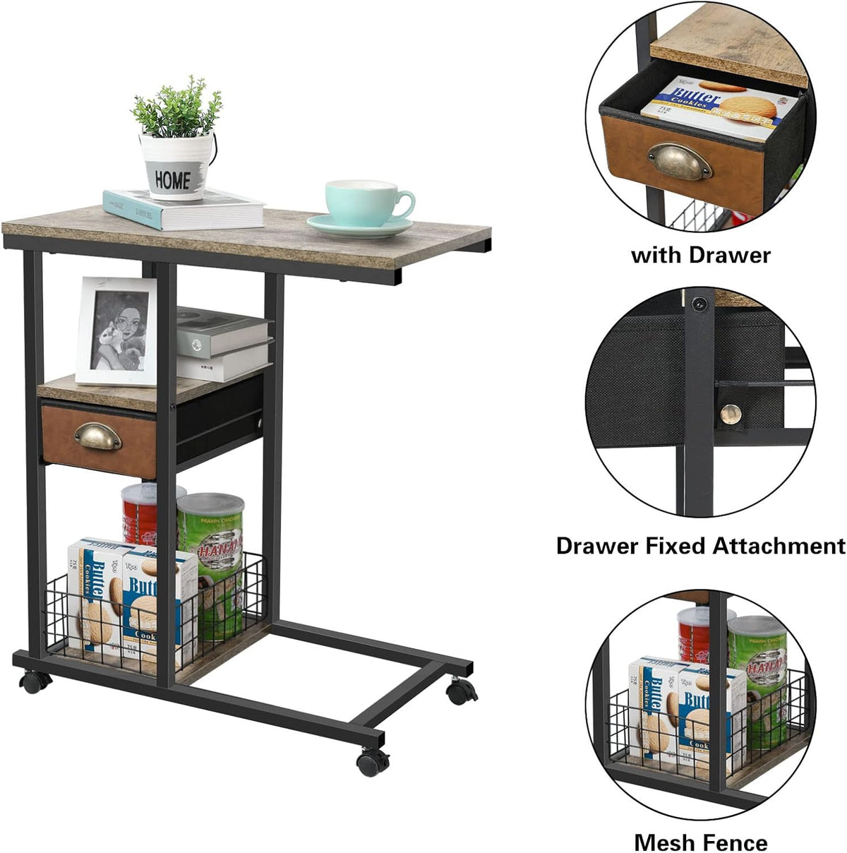 C Shaped Couch Side Table with Drawer, Rolling Bedside Desk P56741