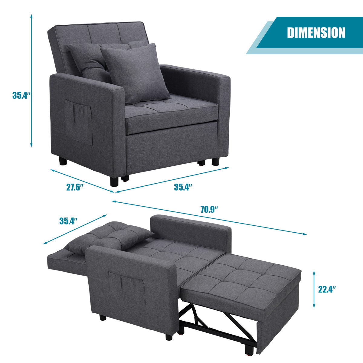 Dark Gray 3-in-1 Sofa Bed Chair with Adjustable Backrest K796306