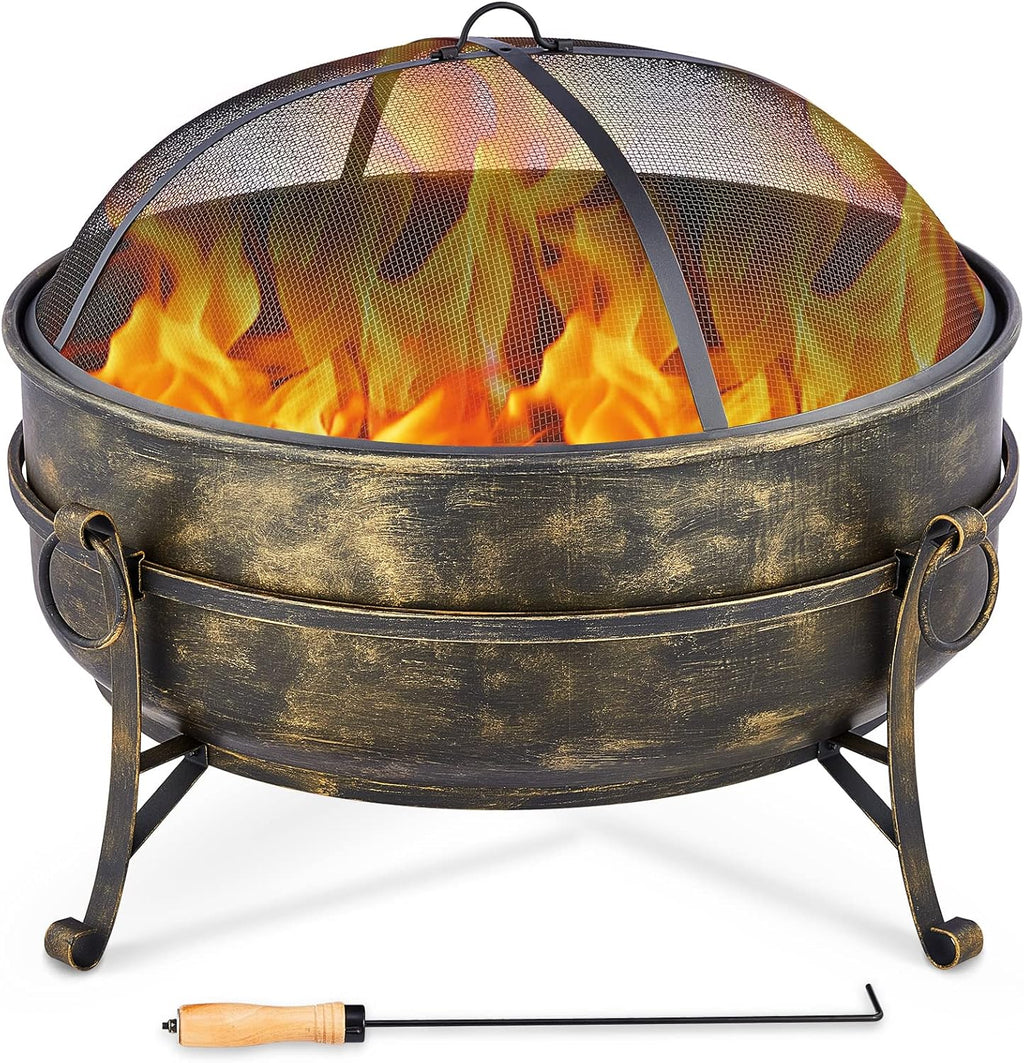 31-Inch Round Wood Burning Fire Pit with Metal Grate, Screen, Poker E707437