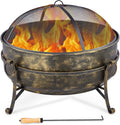31-Inch Round Wood Burning Fire Pit with Metal Grate, Screen, Poker E707437