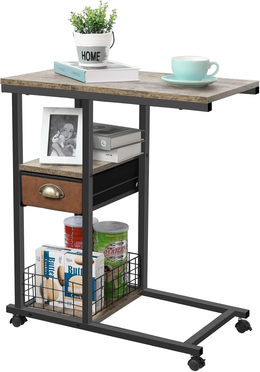 C Shaped Couch Side Table with Drawer, Rolling Bedside Desk P56741