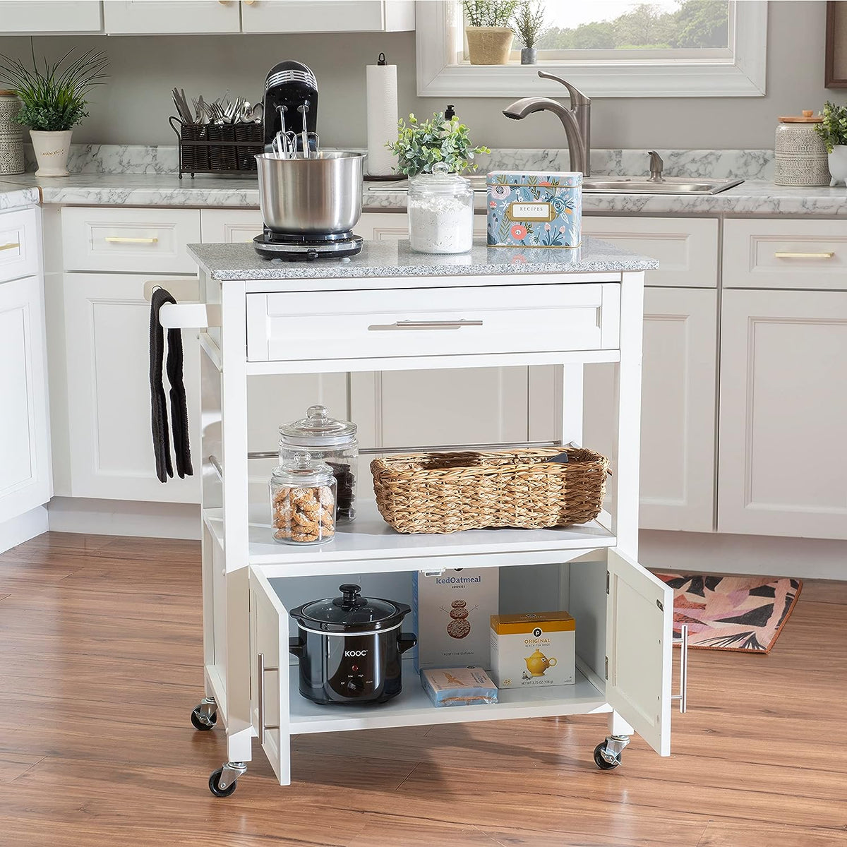 White Granite Topped Kitchen Cart with Lockable Casters and Hidden Storage Spaces L332