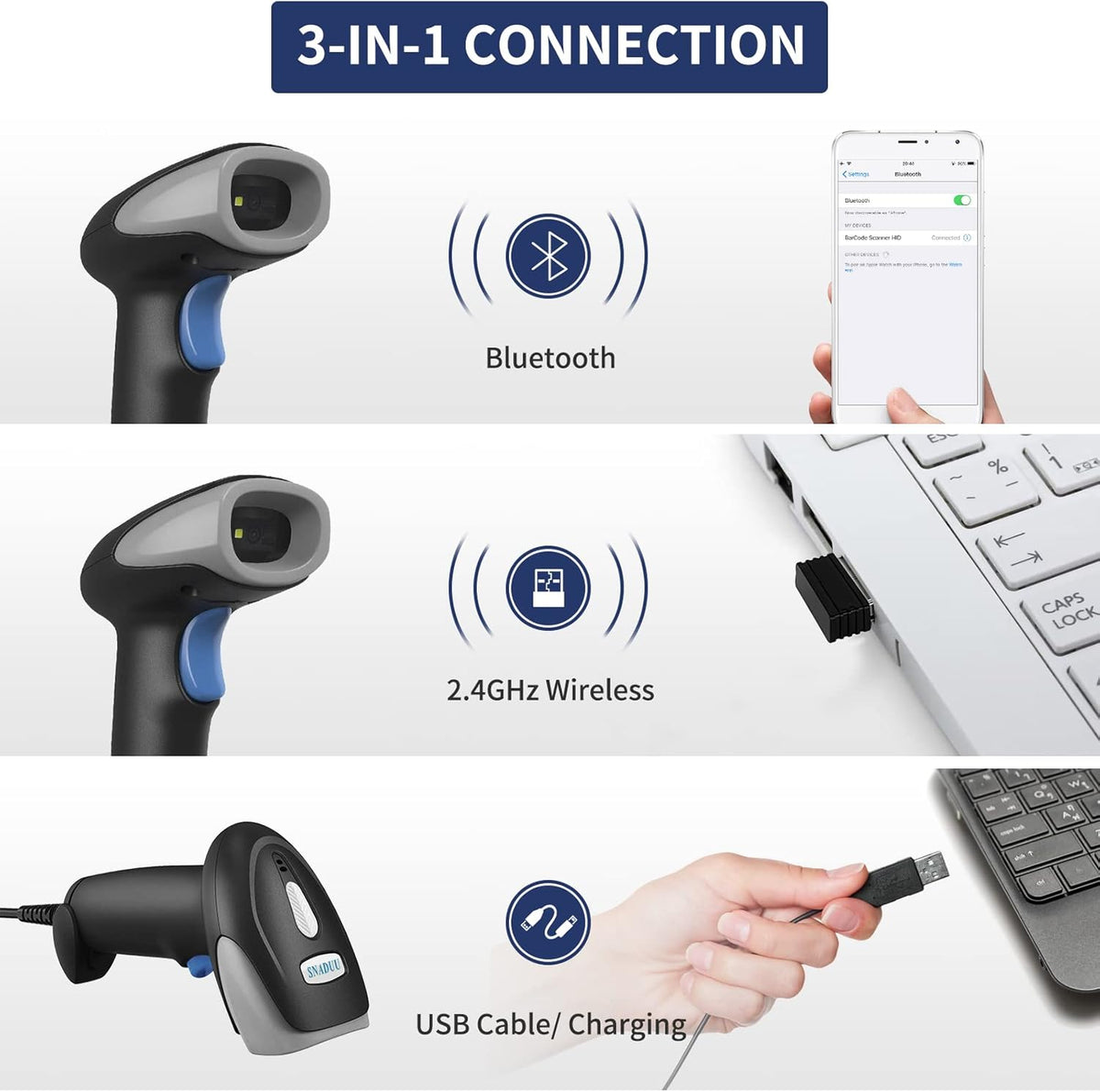Bluetooth Barcode Scanner 2D QR Code, Handheld Barcode Reader Automatic Scan 1D PDF417 Datamatrix J9236