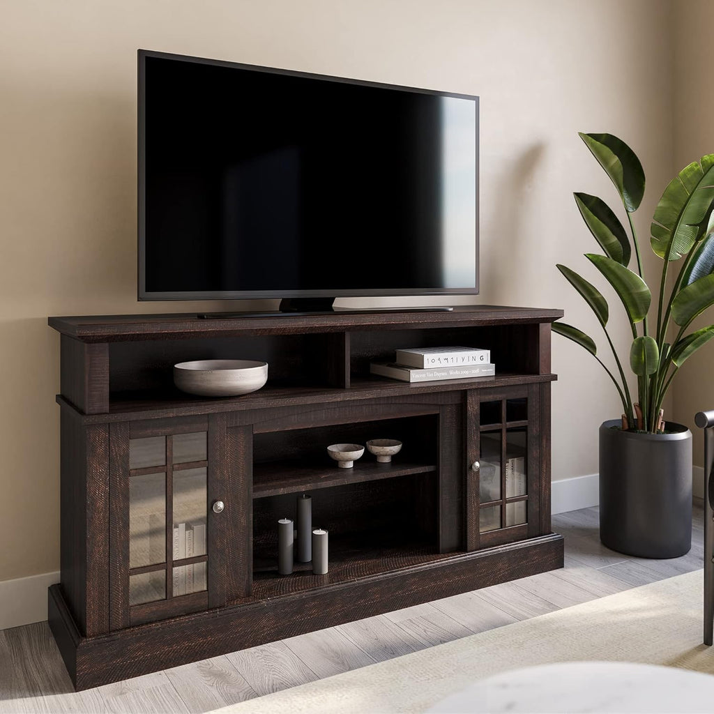 Rustic Wood TV Stand with Open Storage Shelves and Cabinets P38896
