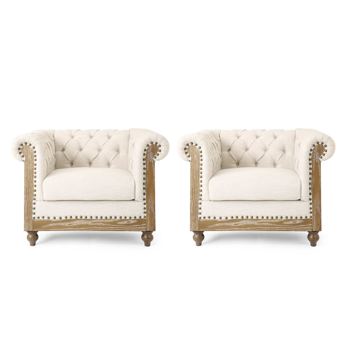 Beige and Dark Brown Fabric Chesterfield Club Chairs, Set of 2 H409939