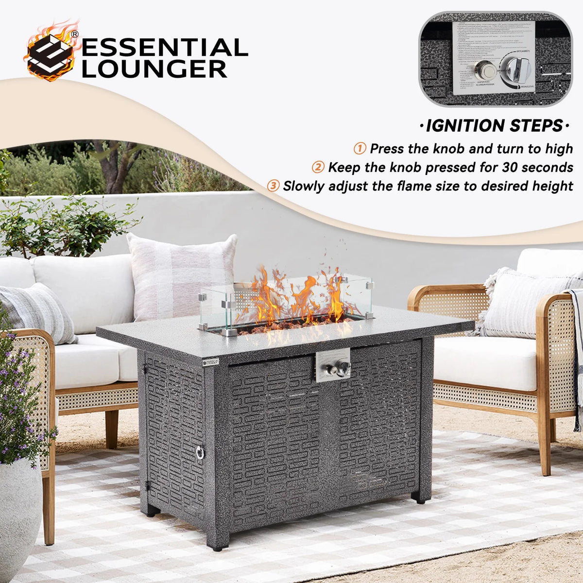 42 inch 50,000 BTU Rectangle Propane Gas Fire Pit Table with Lid, Glass Wind Guard, Waterproof Cover, Lava Rocks - Steel J27370