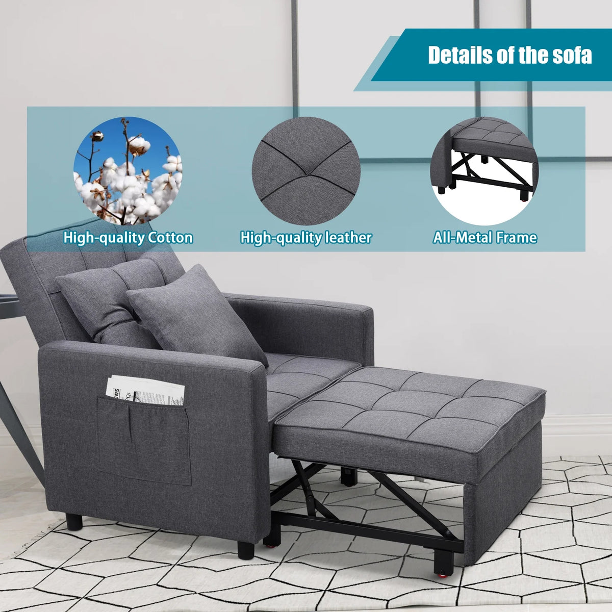 Dark Gray 3-in-1 Sofa Bed Chair with Adjustable Backrest K796306