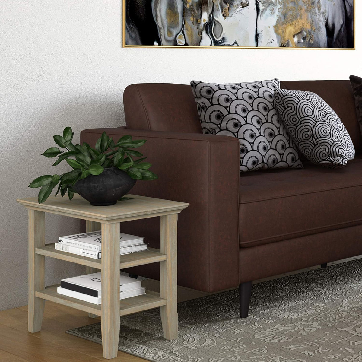 Black Solid Wood Narrow Side Table with 2 Shelves S89199
