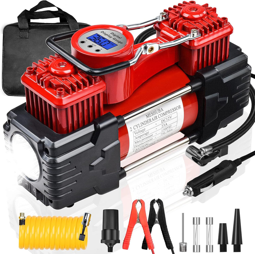 Red Double Cylinder Portable Air Compressor Tire Inflator with Digital Gauge, 12V DC, Pack of 2 S47381