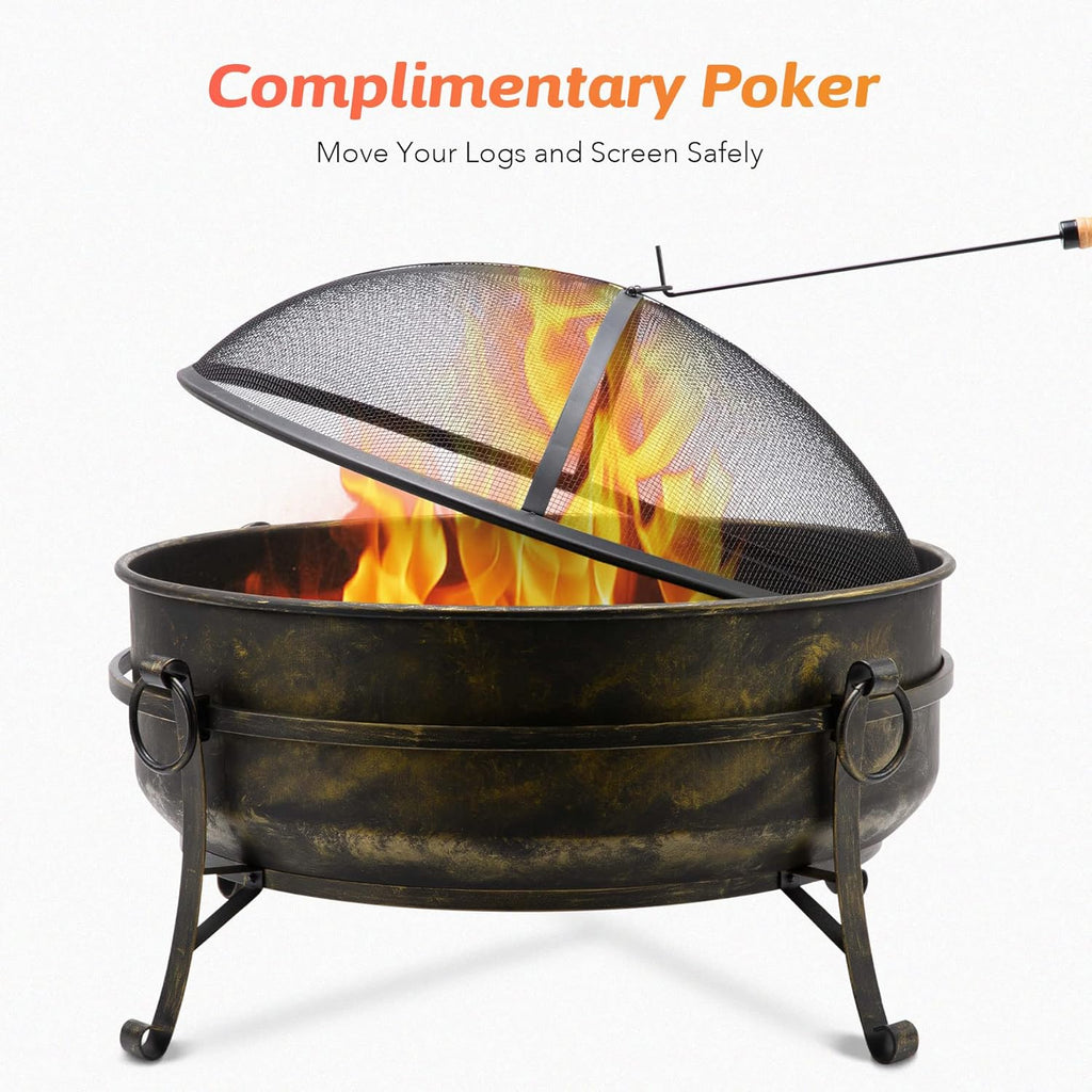 31-Inch Round Wood Burning Fire Pit with Metal Grate, Screen, Poker E707437