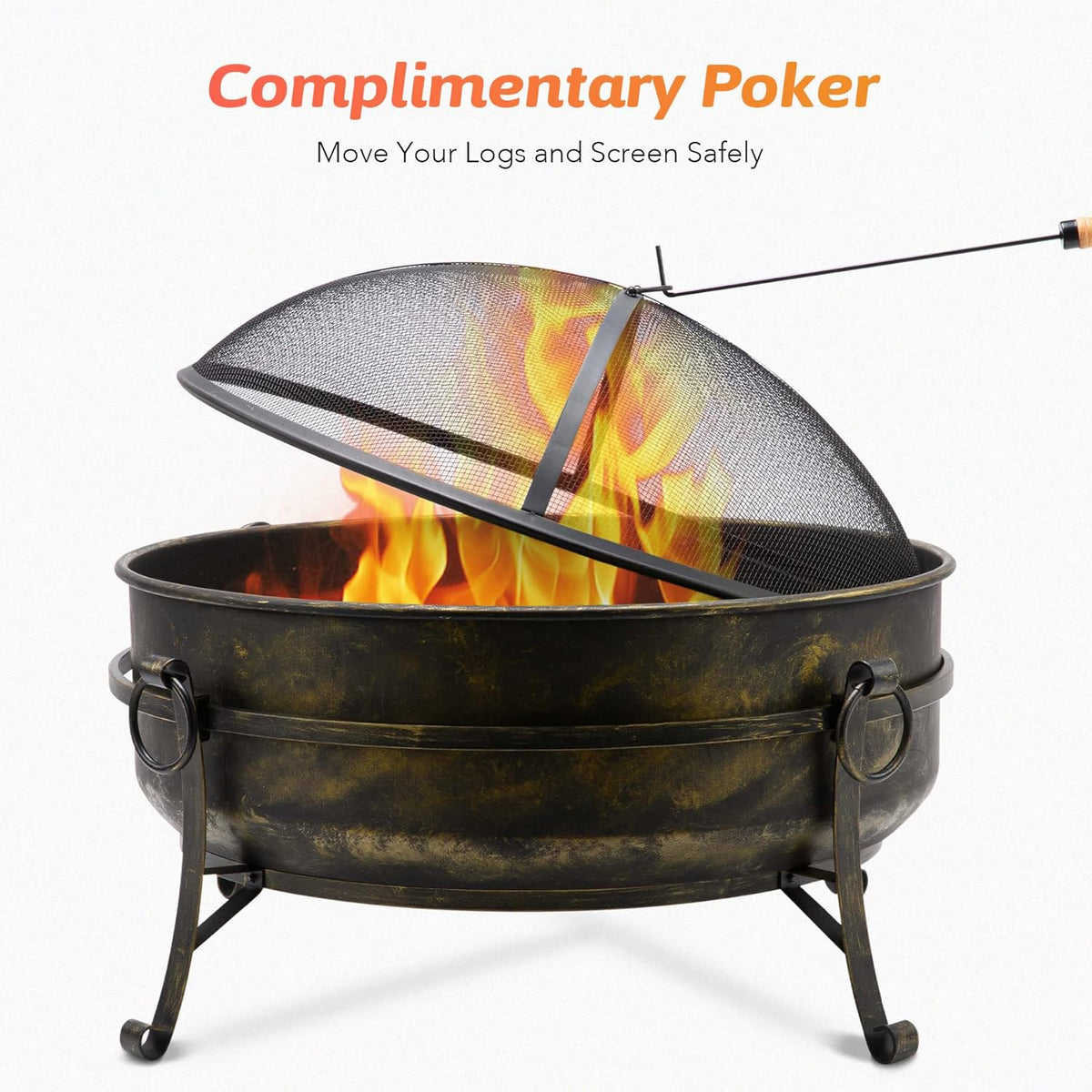 31-Inch Round Wood Burning Fire Pit with Metal Grate, Screen, Poker E707437