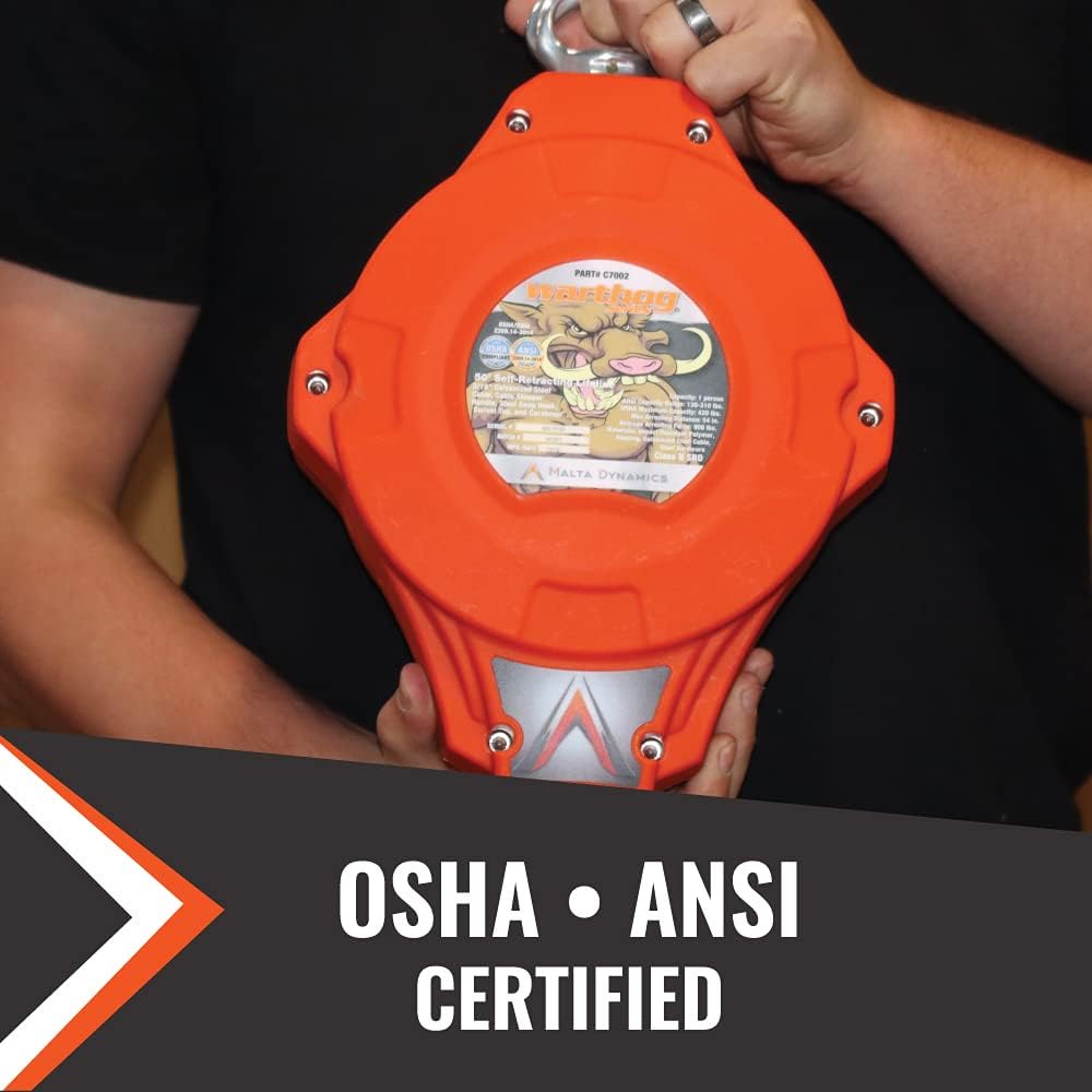 50-Foot Self-Retracting Lifeline with Steel Snap Hook & Carabiner D193