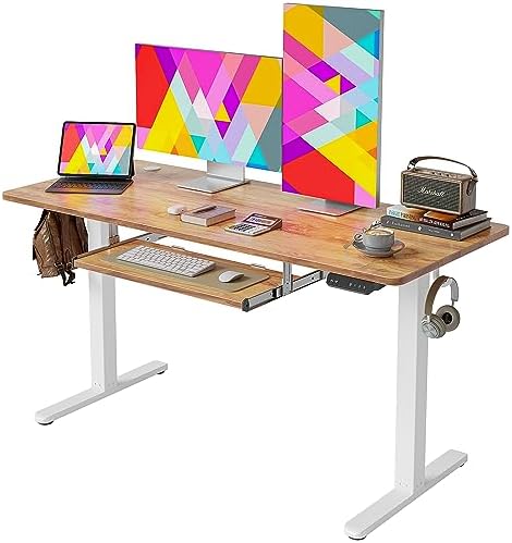 Electric Standing Desk 48 x 24 Inches Height Adjustable White Frame Light Rustic Brown Top J10887
