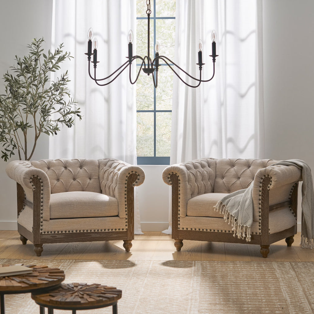 Beige and Dark Brown Fabric Chesterfield Club Chairs, Set of 2 H409939