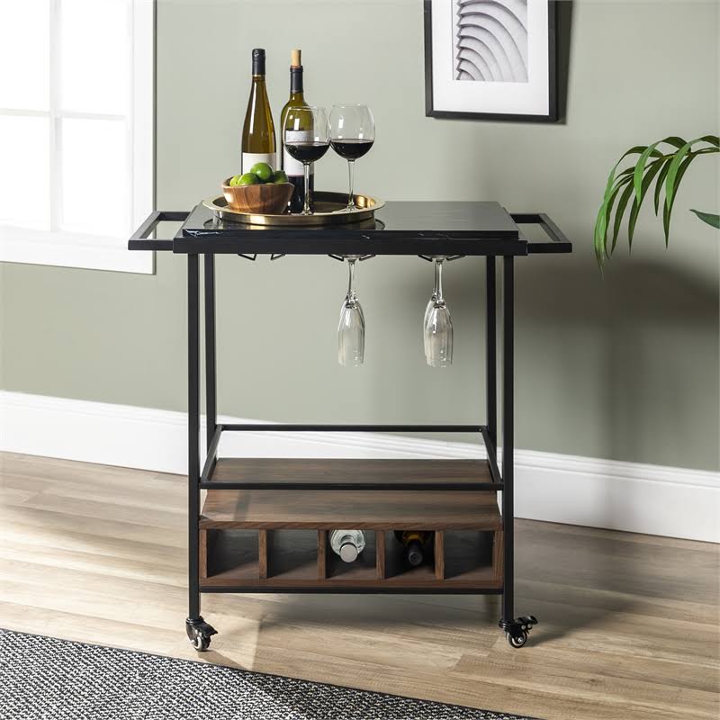 Faux Marble Serving Bar Cart in Dark Walnut and White V2631