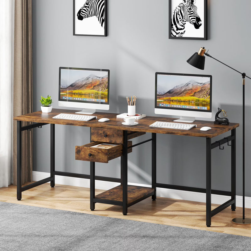 78 Inch Double Working Desk with 2 Drawers and Shelf X3254