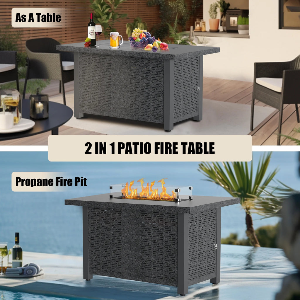 42 inch 50,000 BTU Rectangle Propane Gas Fire Pit Table with Lid, Glass Wind Guard, Waterproof Cover, Lava Rocks - Steel J27370