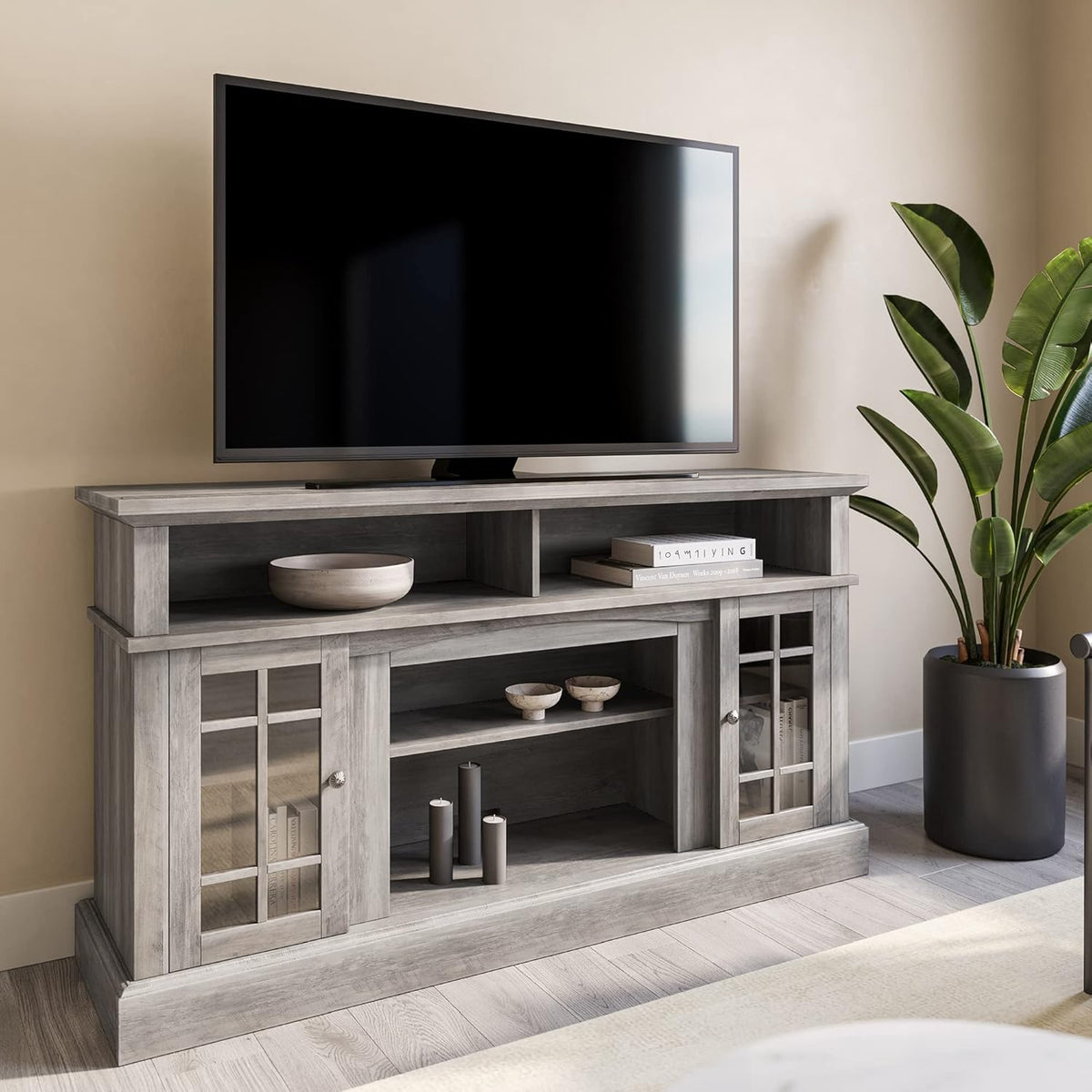 Rustic Wood TV Stand with Open Storage Shelves and Cabinets P38896