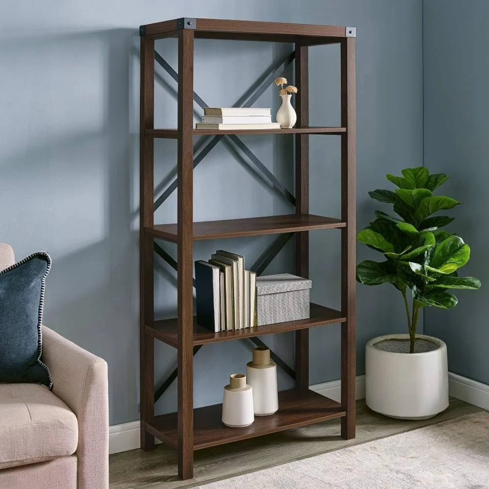 Dark Walnut Metal Bookcase W78190