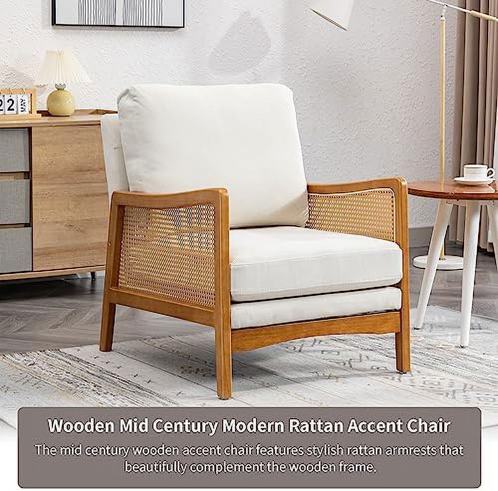 Beige Velvet Upholstered Accent Chair with Rattan Armrest S83765