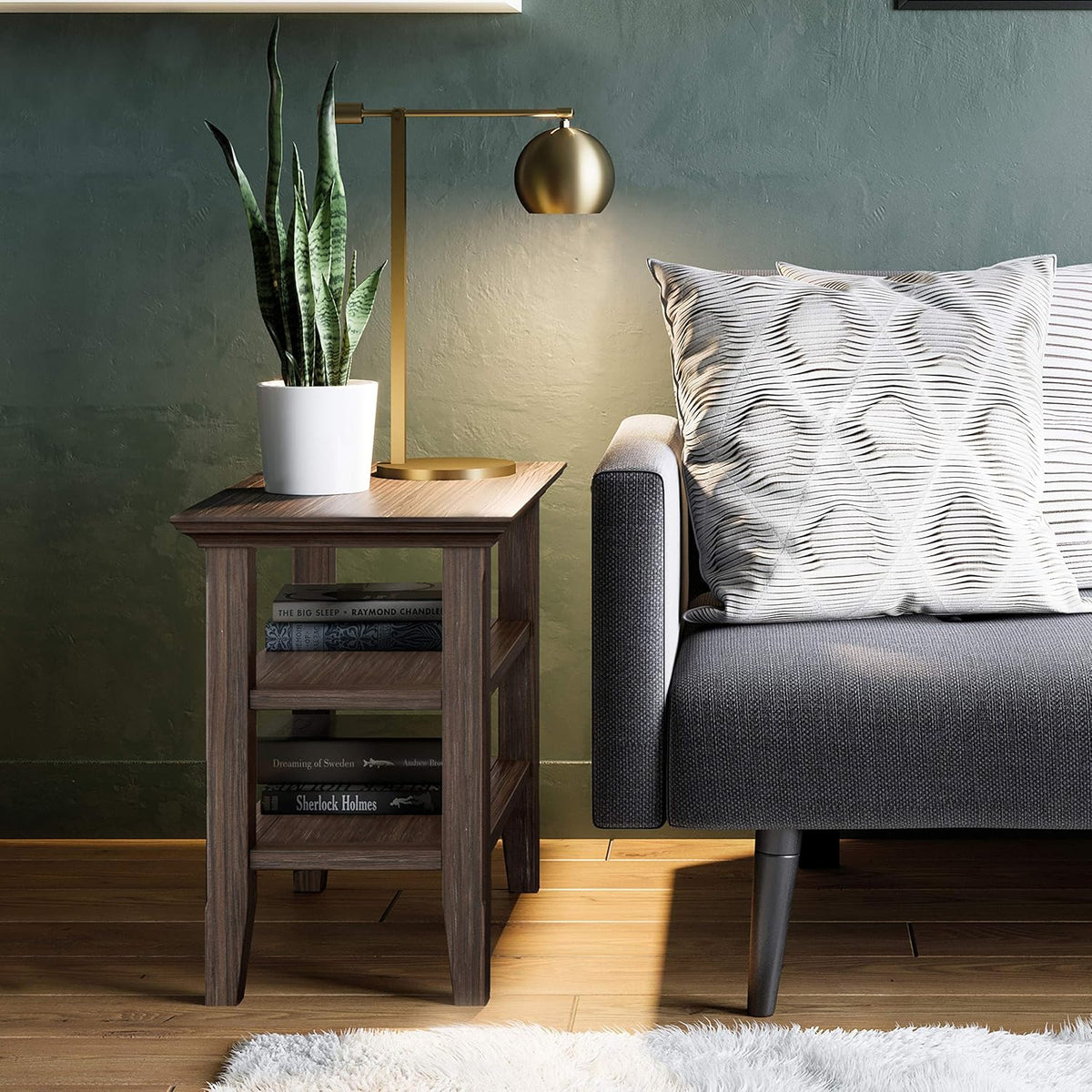 Black Solid Wood Narrow Side Table with 2 Shelves S89199