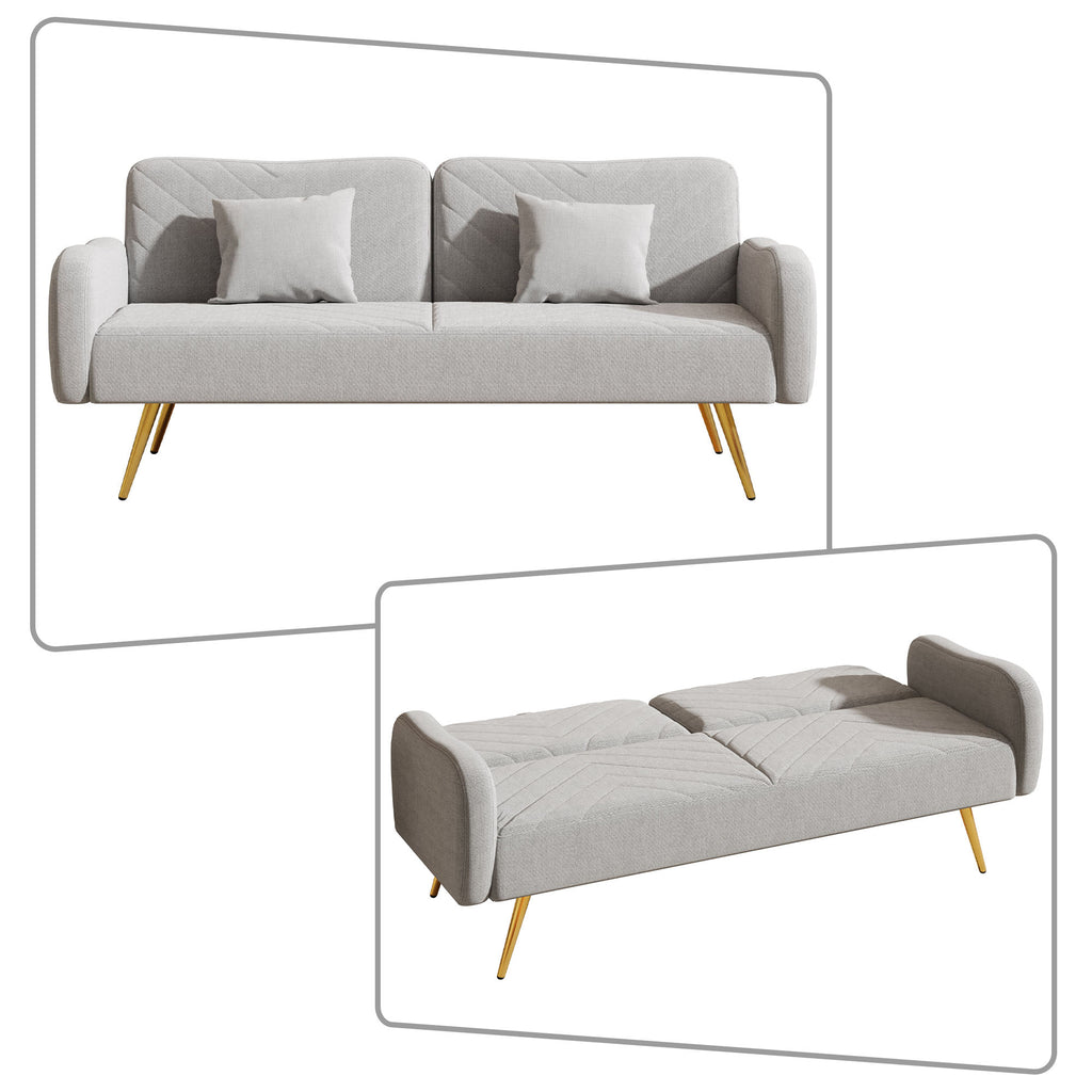 Grey Linen Upholstered Futon Sofa Bed with Two Pillows L56608