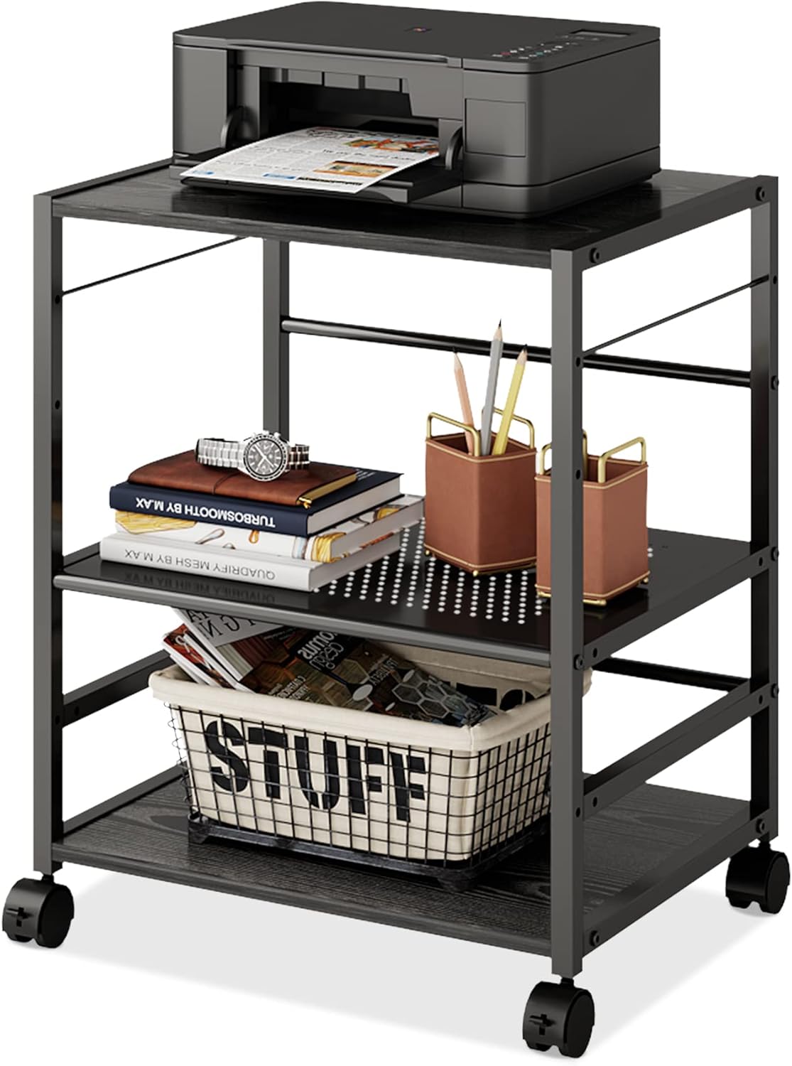 Black Mobile 3-Shelf Printer Stand with Adjustable Shelves G6685