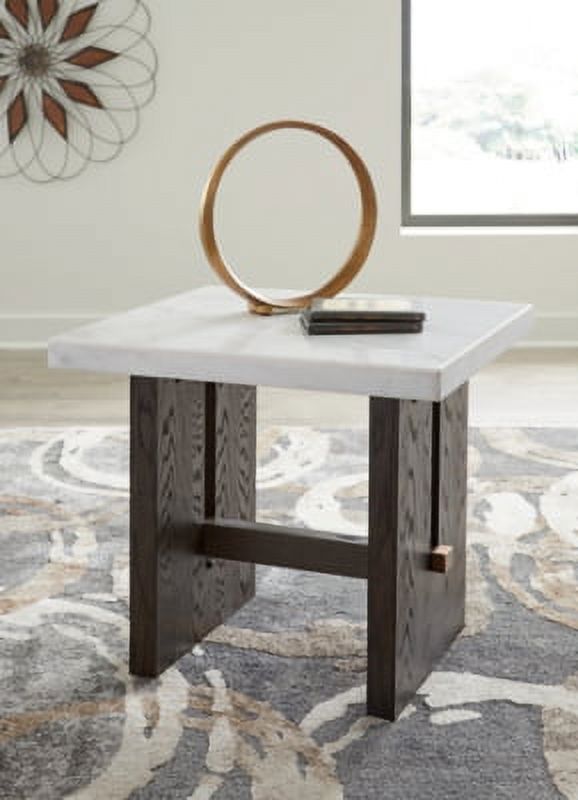 Traditional End Table with Marble Tabletop, Dark Brown & White P938