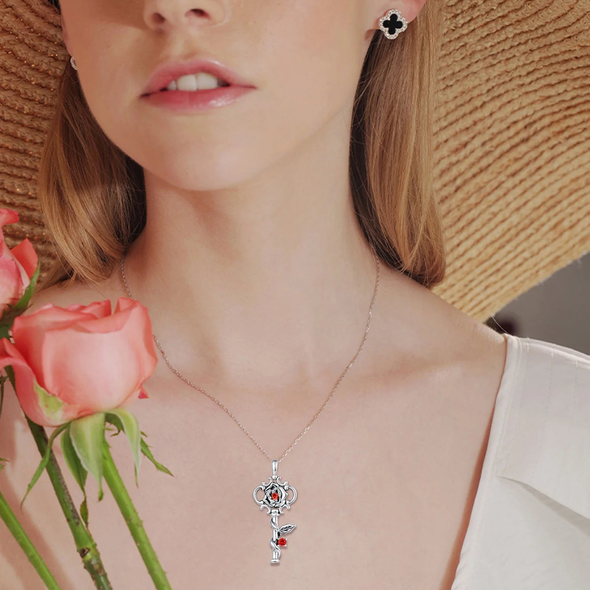 Sterling Silver Rose Key to Heart Pendant Necklace S484