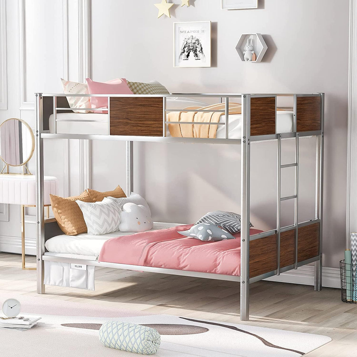 Twin Over Full Bunk Bed with Safety Guardrails & Ladder, Gray B8132