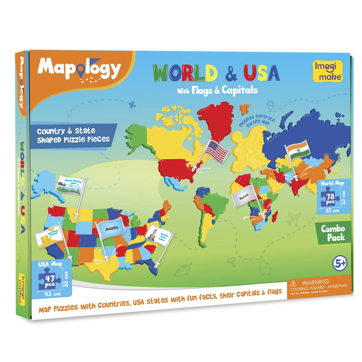 US & World Map Puzzle with Capitals and Flags E51656