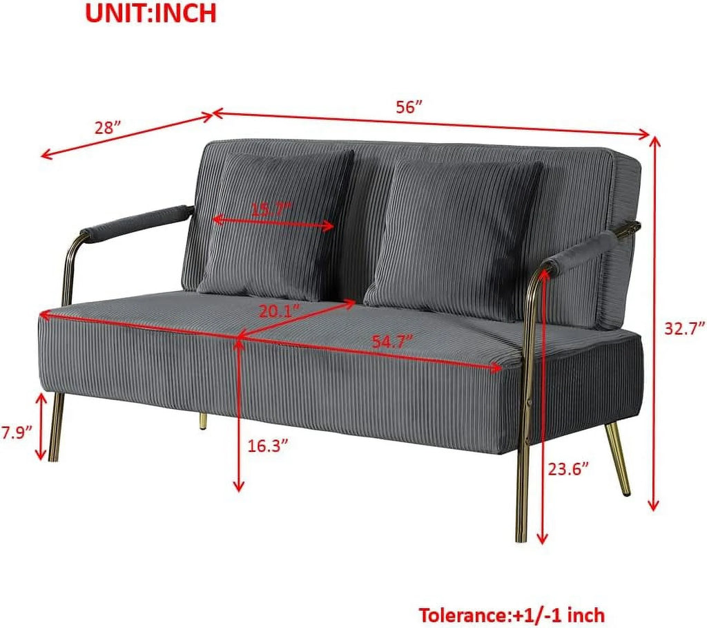 Velvet Loveseat Sofa with 2 Throw Pillows and Gold Metal Legs Q398020