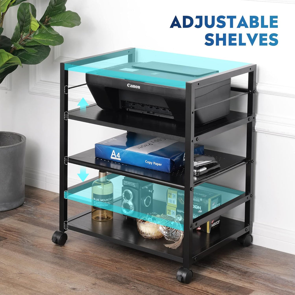 Black Mobile 3-Shelf Printer Stand with Adjustable Shelves G6685