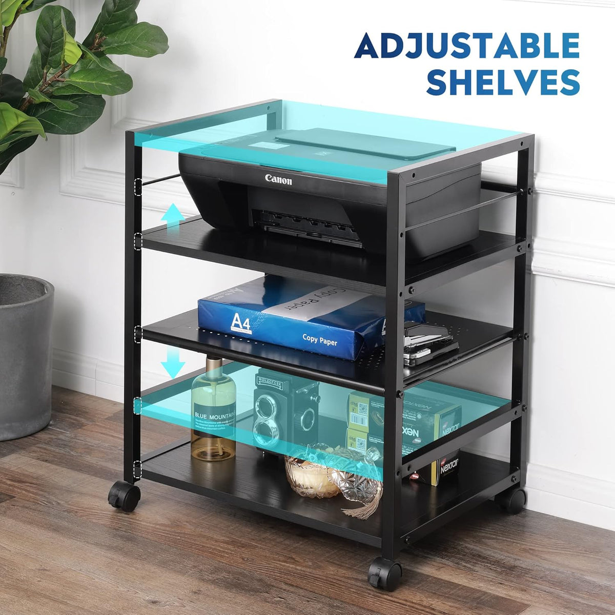 Black Mobile 3-Shelf Printer Stand with Adjustable Shelves G6685