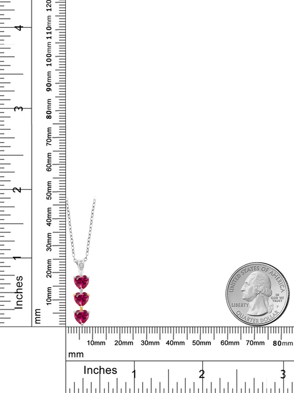 925 Sterling Silver 10K Yellow Gold Red Created Ruby White Lab Grown Diamond 3 Stone Heart Shape Pendant Necklace with 18 inch Silver Chain L65619