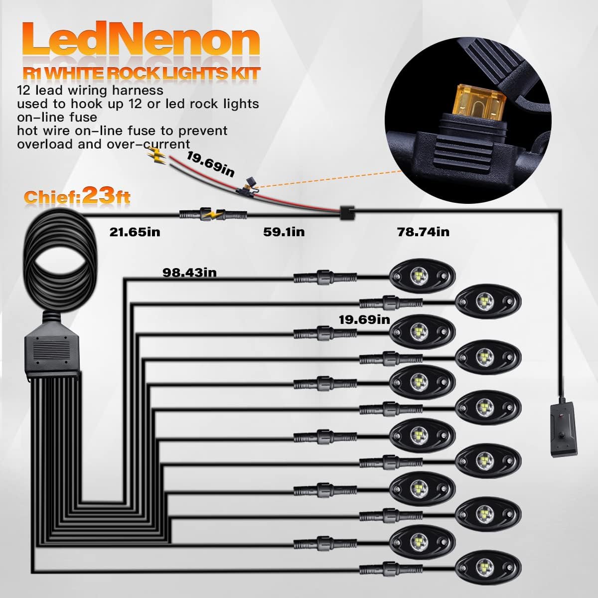 White LED Rock Lights 12Pods with 23FT Harness Switch Fuse kit M2939
