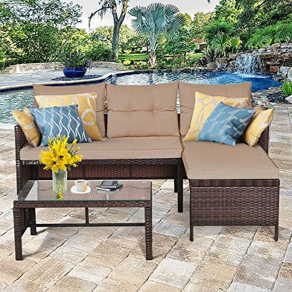 3 Piece Outdoor Rattan Corner Sofa Set with Coffee Table T327
