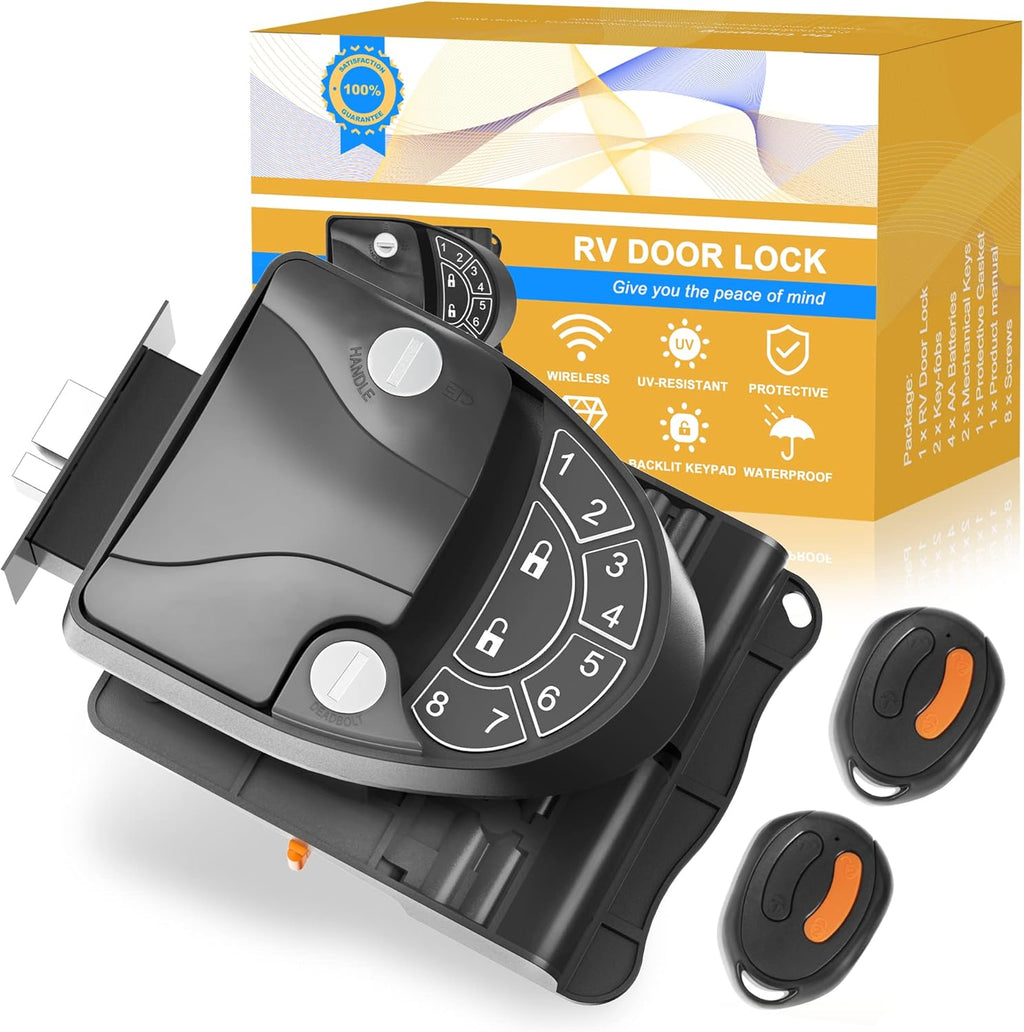 Black Zinc Alloy RV Door Lock with Backlit Keypad, 2 Remote Fobs, 4 Keys, Deadbolt M611017