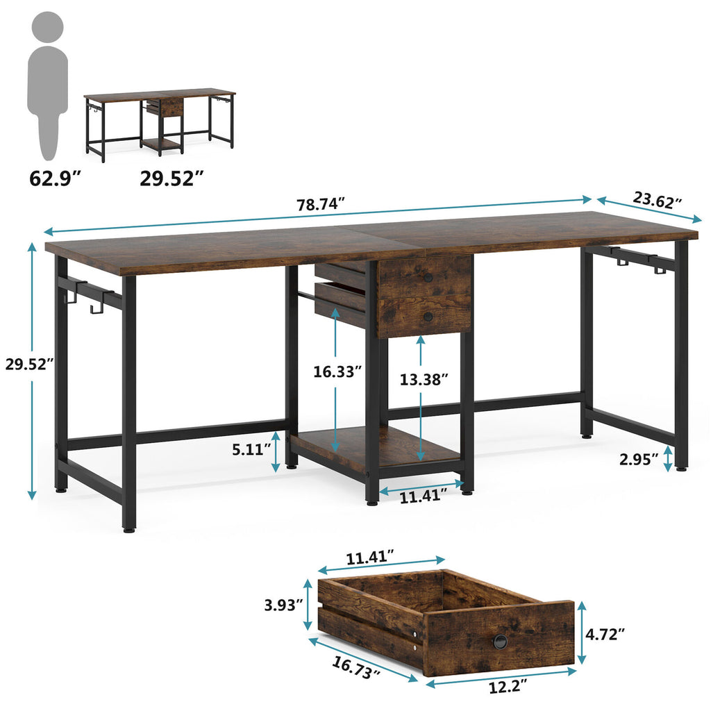 78 Inch Double Working Desk with 2 Drawers and Shelf X3254