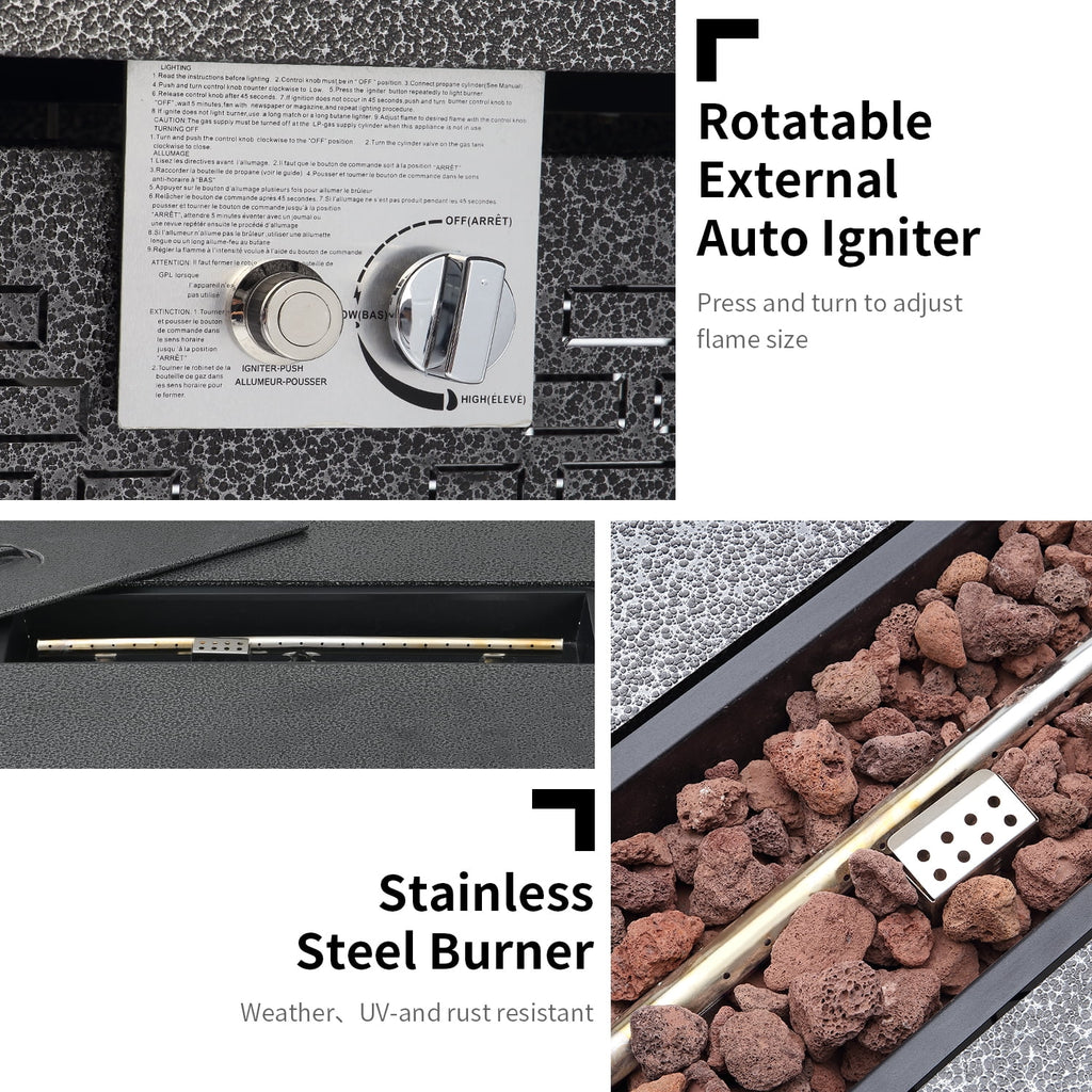 42 inch 50,000 BTU Rectangle Propane Gas Fire Pit Table with Lid, Glass Wind Guard, Waterproof Cover, Lava Rocks - Steel J27370