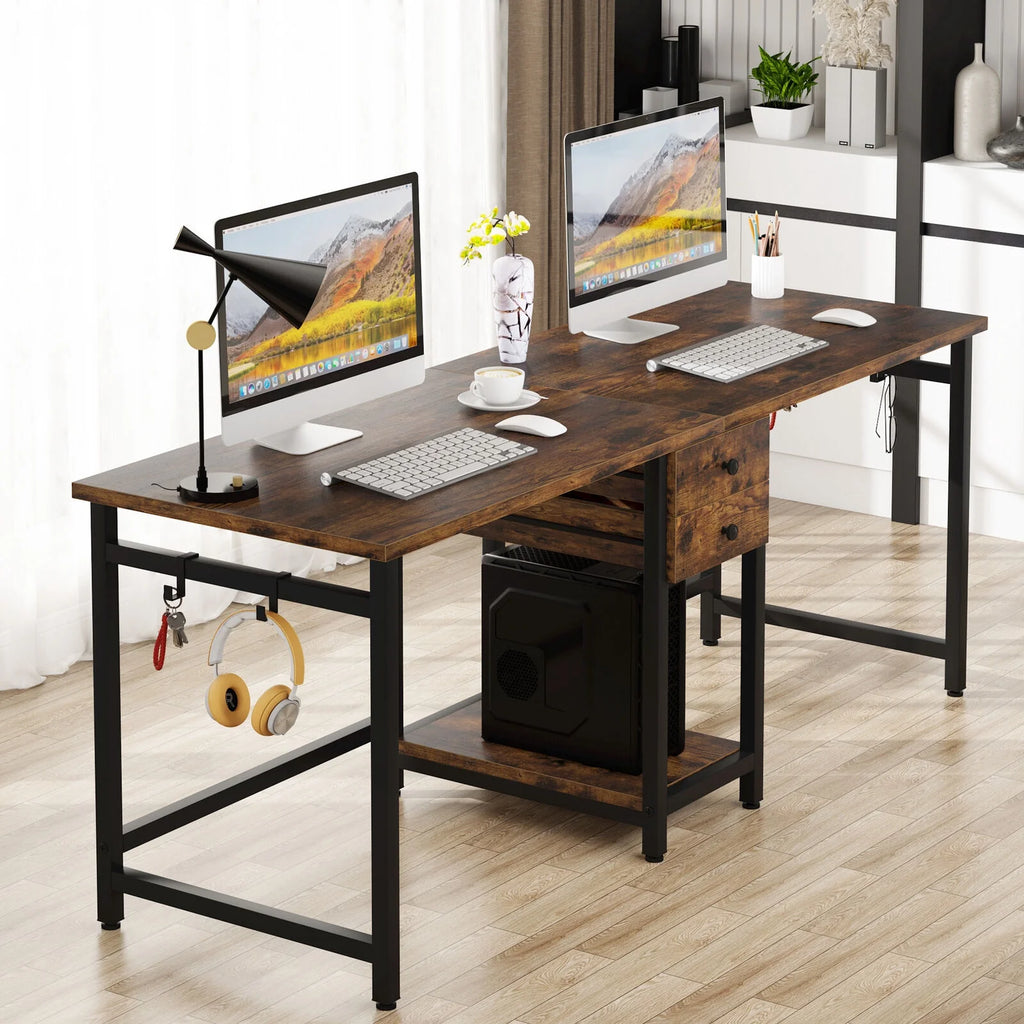 78 Inch Double Working Desk with 2 Drawers and Shelf X3254