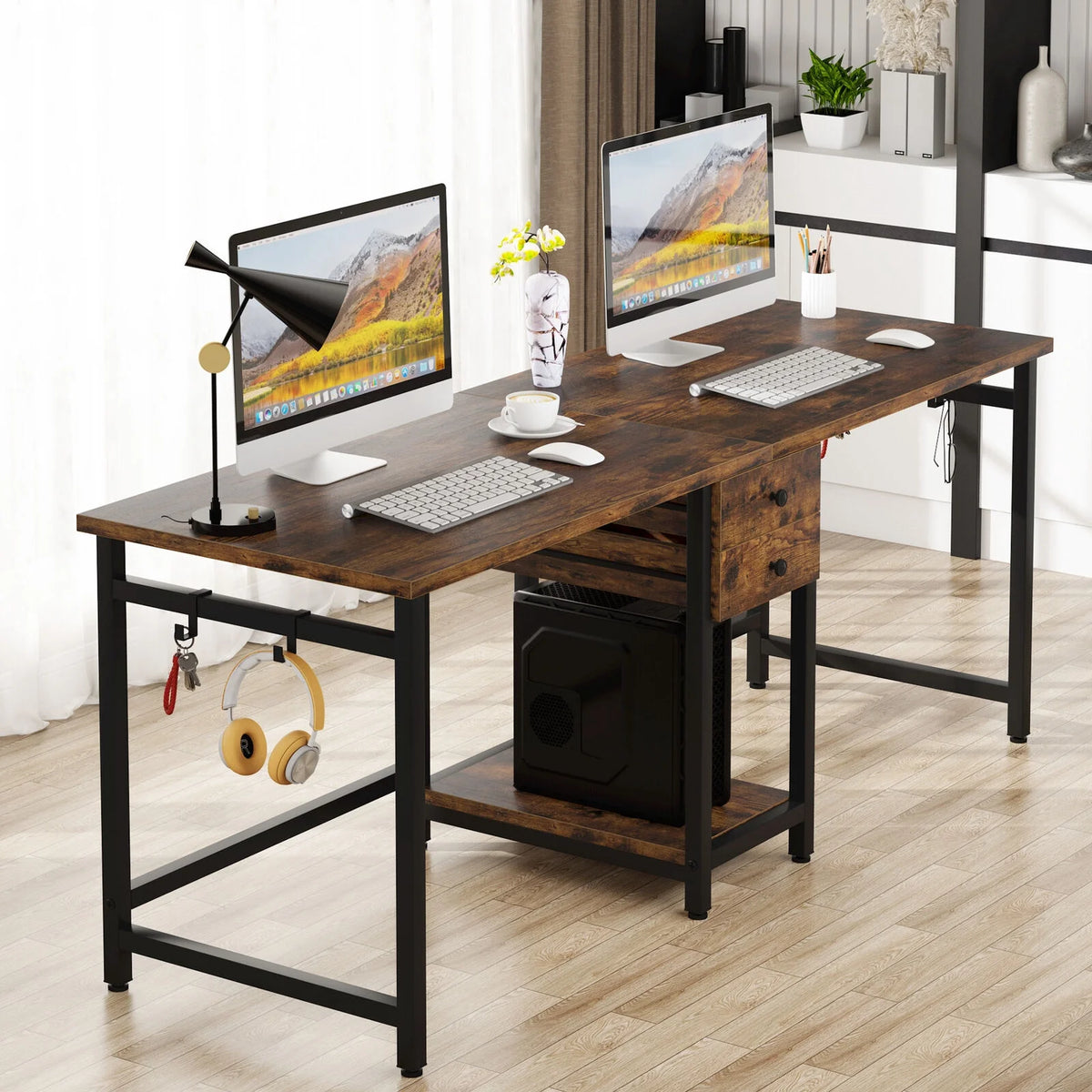 78 Inch Double Working Desk with 2 Drawers and Shelf X3254