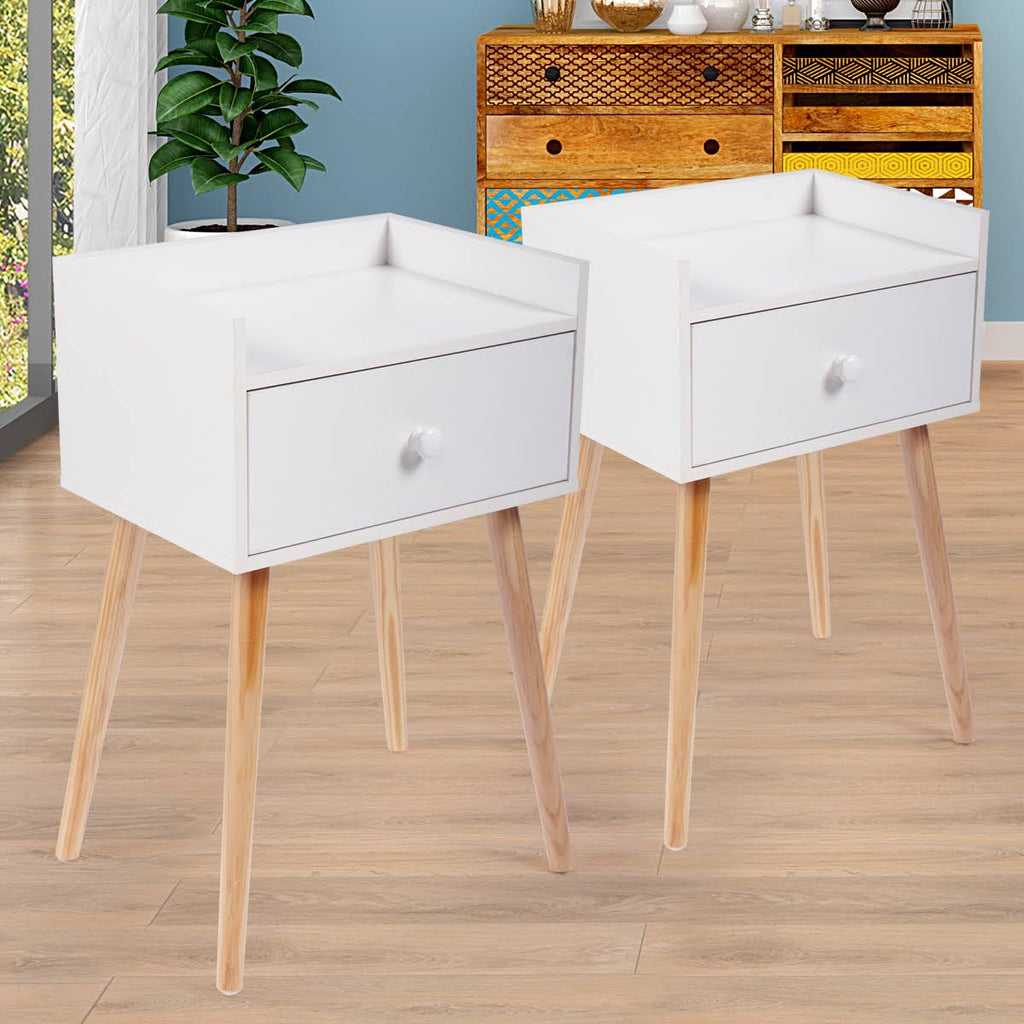 Set of 2 White Bedside Table with Drawer J754