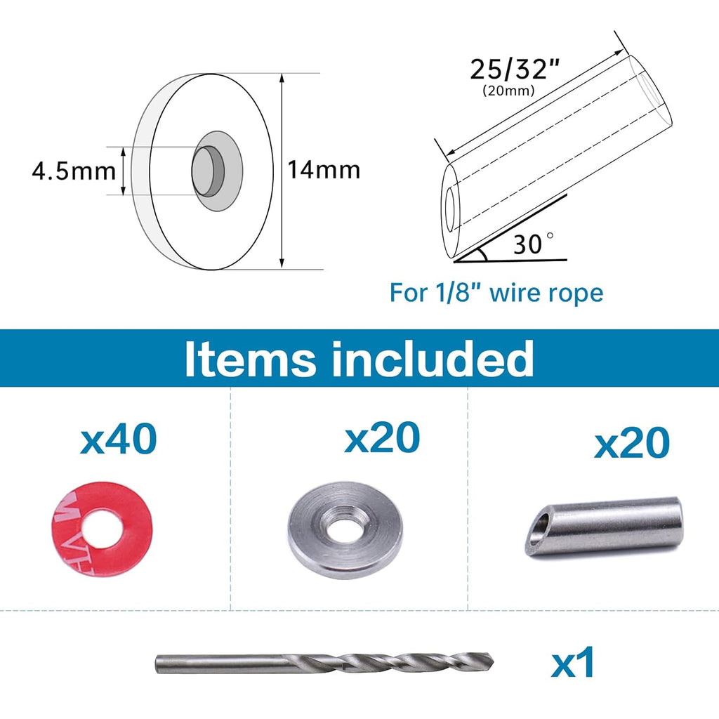 50Pack Cable Railing Kit Angled Protective Grommet for 90 Degree Corner 45 Degree L Shape Protector Sleeve for 1/8 Wire Rope Wood Posts T316 Stainless Steel I505906