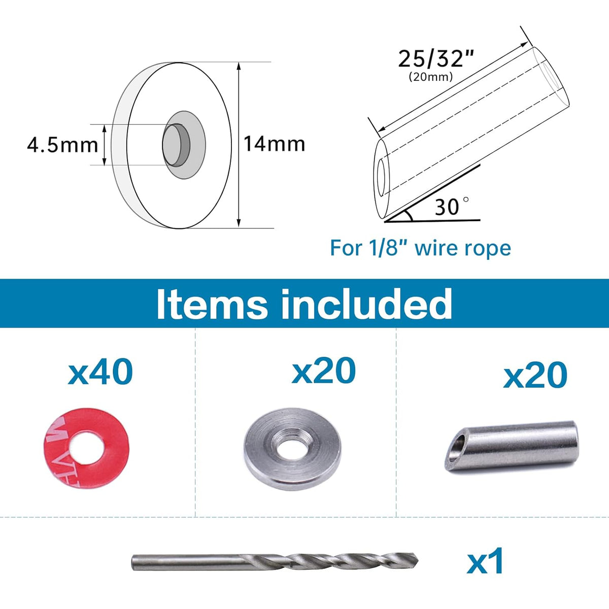 50Pack Cable Railing Kit Angled Protective Grommet for 90 Degree Corner 45 Degree L Shape Protector Sleeve for 1/8 Wire Rope Wood Posts T316 Stainless Steel I505906