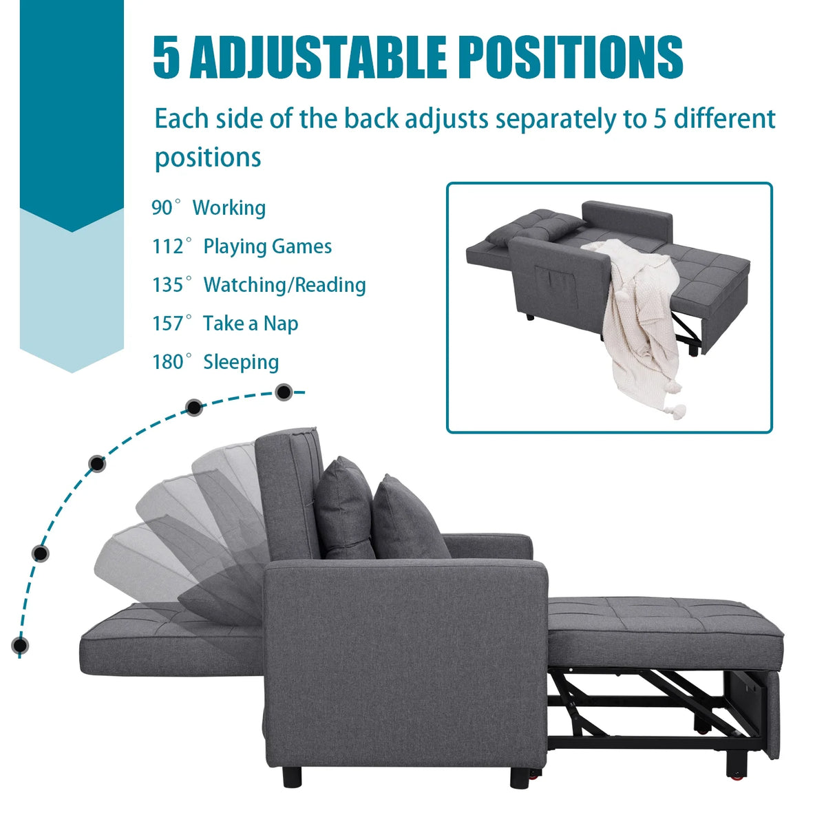 Dark Gray 3-in-1 Sofa Bed Chair with Adjustable Backrest K796306
